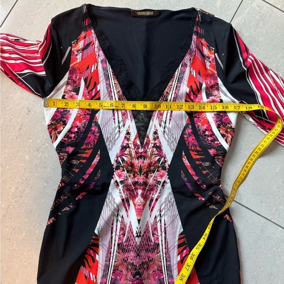 Roberto Cavalli Multicolor Pink & Black Lace-Trim V-Neck Top - Picture 4 of 8